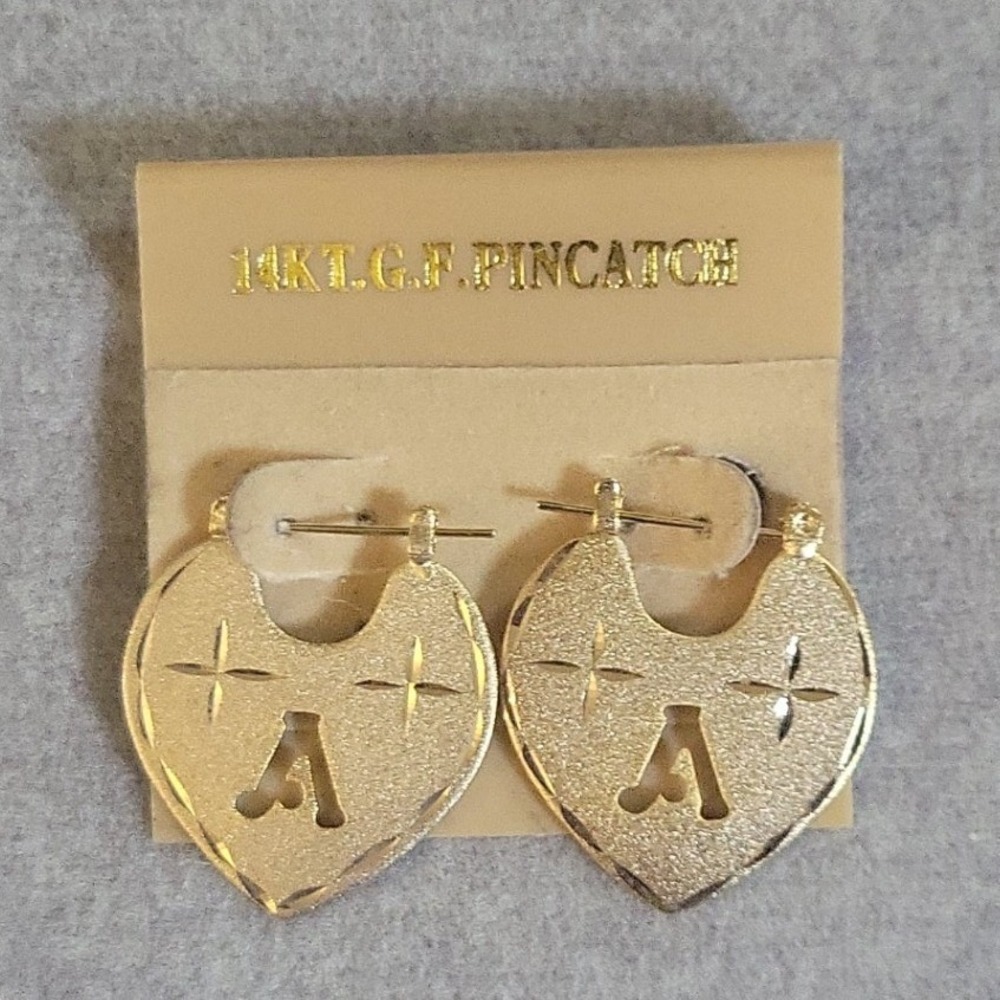 Vintage 14K Gold Filled Heart Pincatch Hoop Earrings Initial A Size 1in Retro